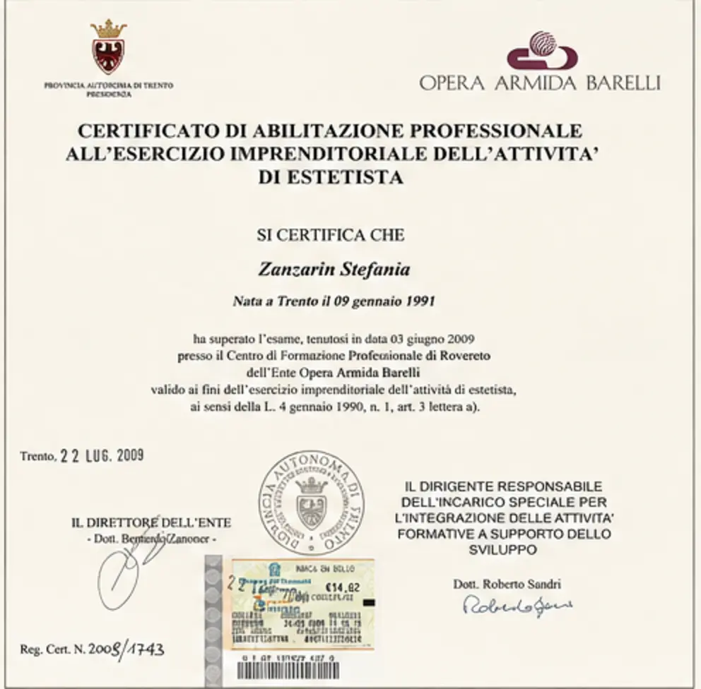 Certificato di abilitazione professionale di Stefania Zanzarin